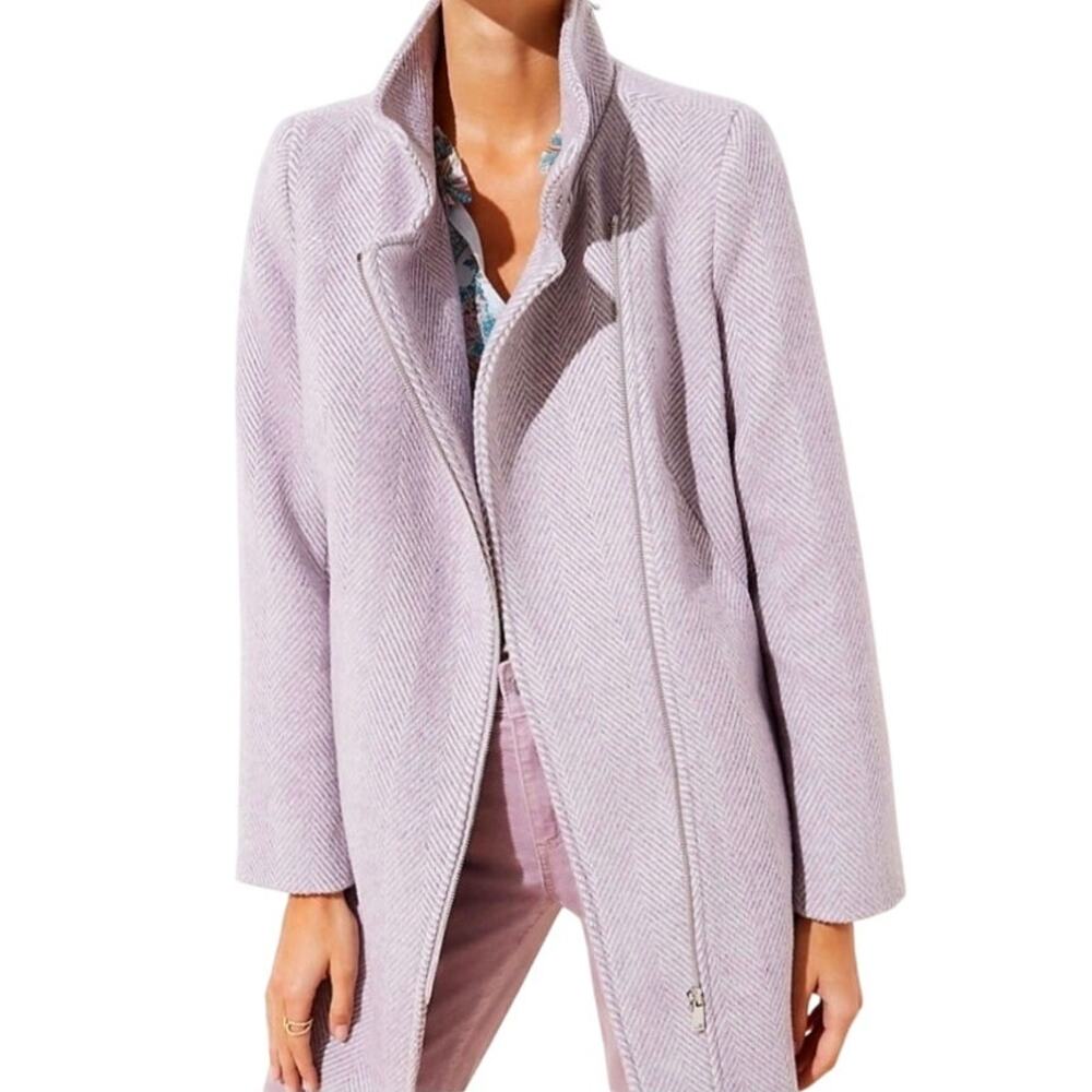 Light Academia Lavender/White Herringbone Zip‑Front Wool Blend Moto Coat Medium